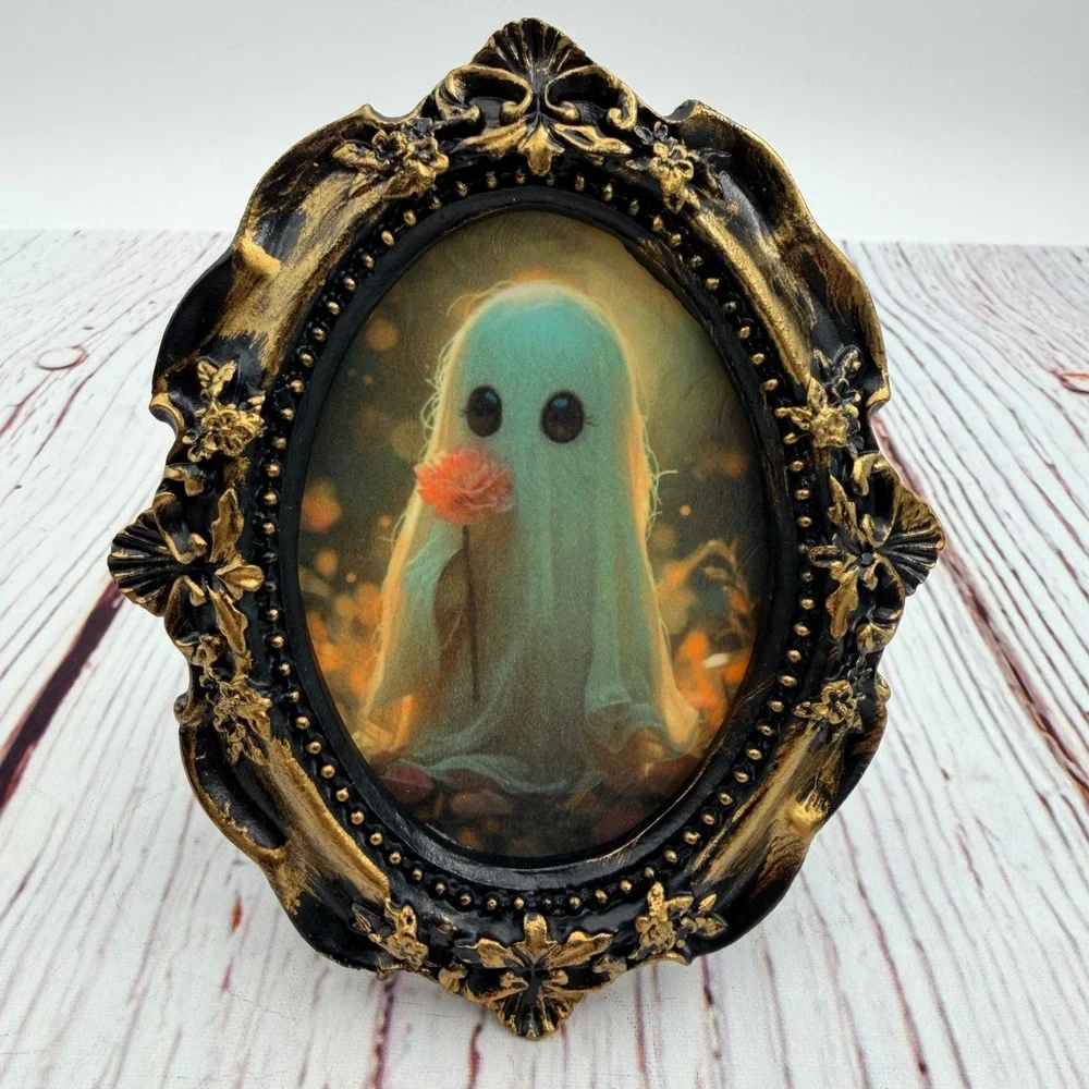 Whimsical Ghost Decoupage Art Print Ornate Black Gold Resin Frame 4.5